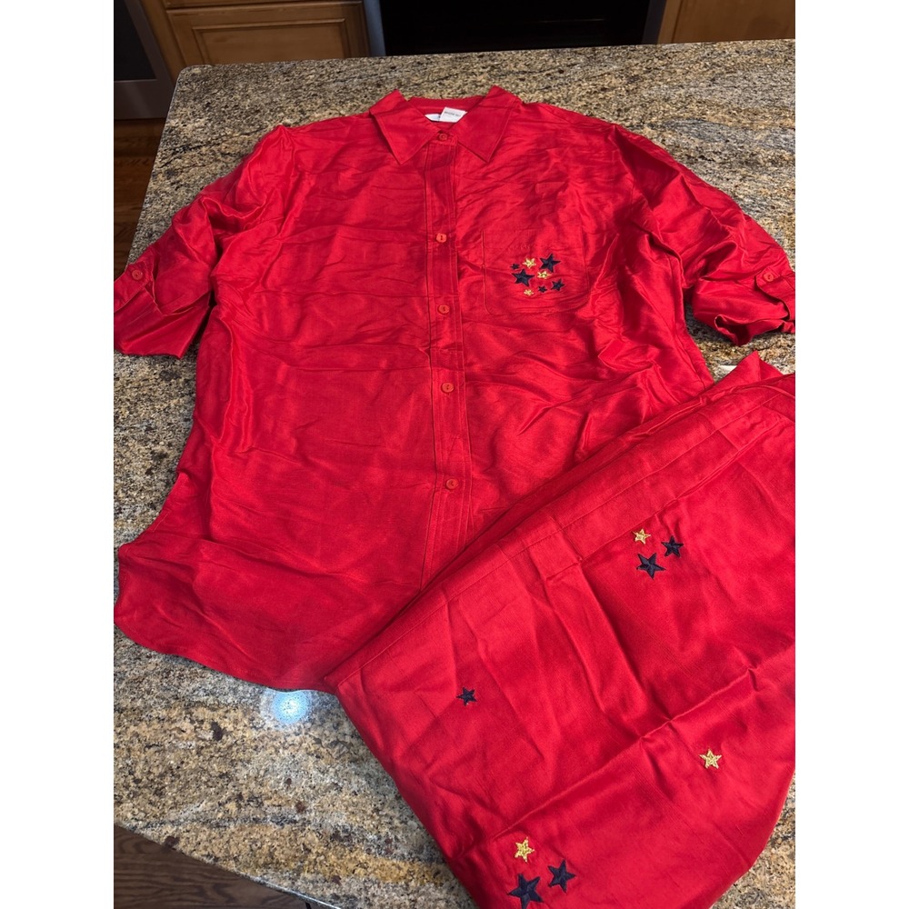 SLB 100% Silk Red Star Embroidered 2 Piece Set Shirt & Pants Small / 4 America‎